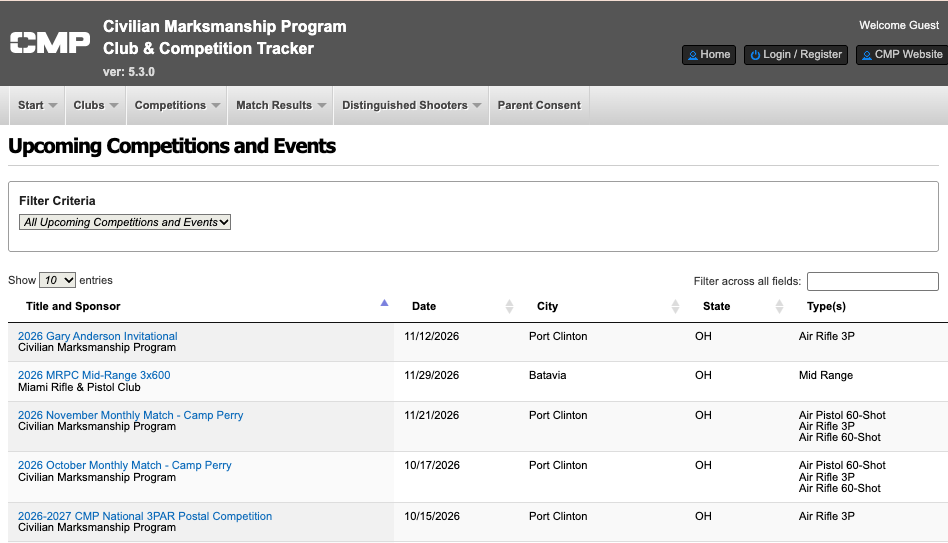 Screenshot of the CMP Competition Tracker match search, filtered to air gun events.